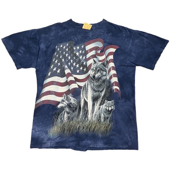 Vintage The Mountain Wolf USA Flag Tie Dye Blue T-Shirt Medium - Picture 2 of 9